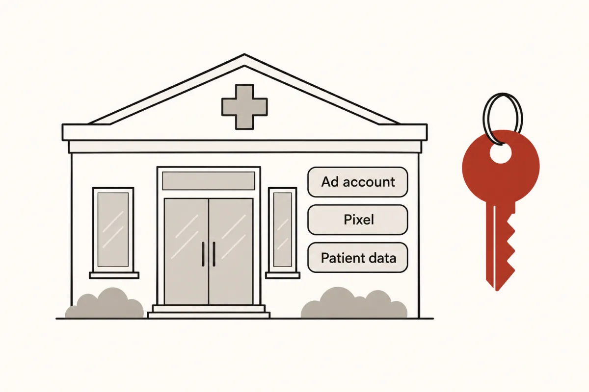 A clinic building that holds its ad account, pixel and patient data, with a key beside it.