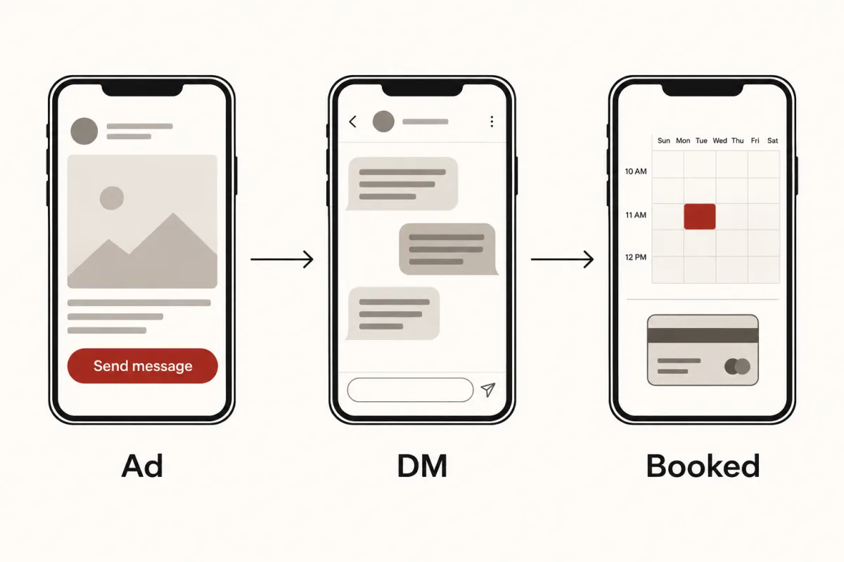 Three phones in a row: an ad with a Send message button, then a DM conversation, then a calendar with one consult slot booked and a card icon.