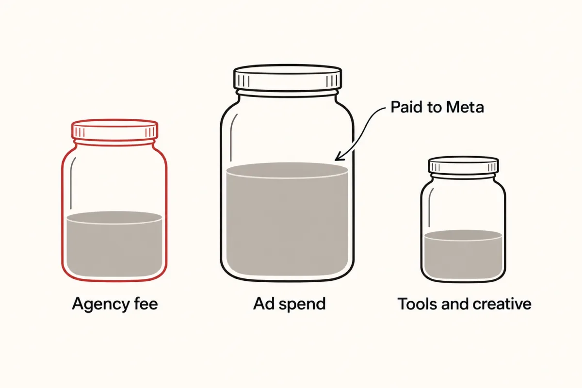 Three jars labelled agency fee, ad spend and tools and creative, with ad spend paid to Meta.
