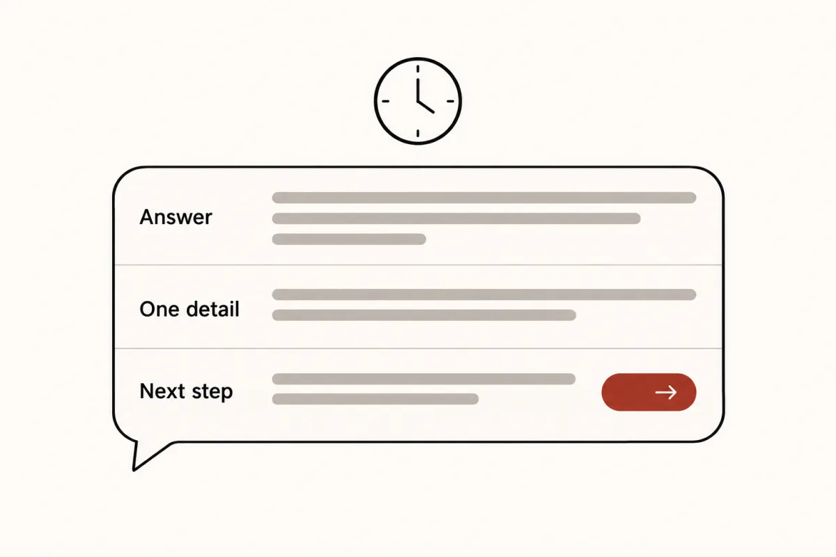 A chat reply made of three parts: the answer, one detail and the next step.