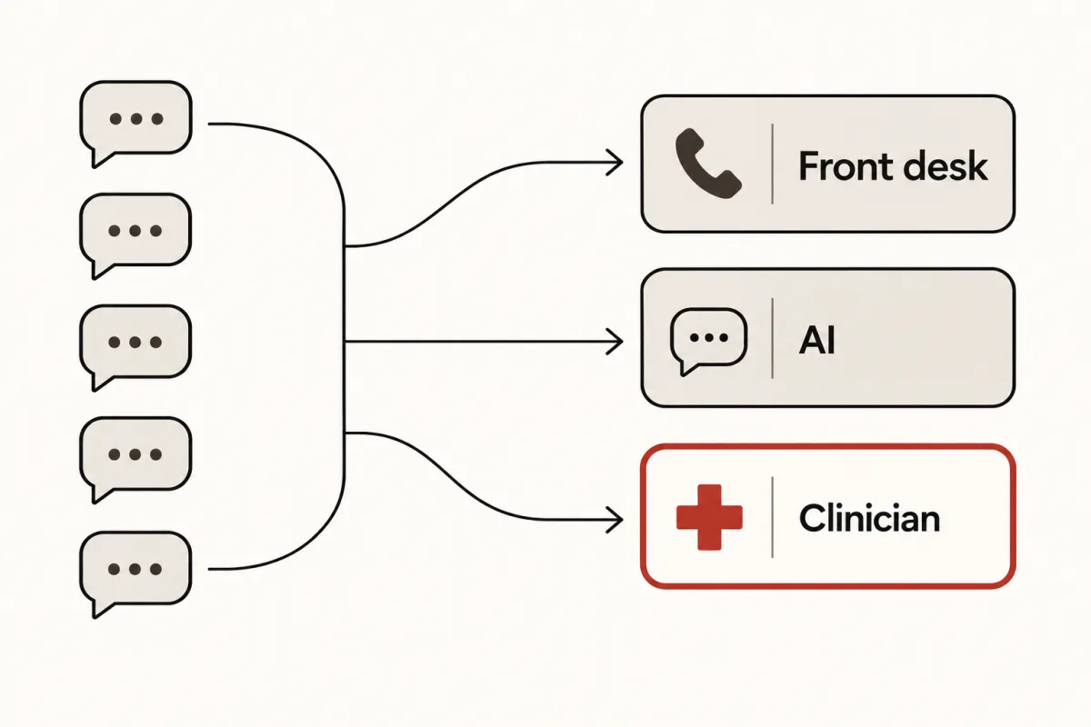 Incoming DMs sorted into three bins: front desk, AI and clinician.