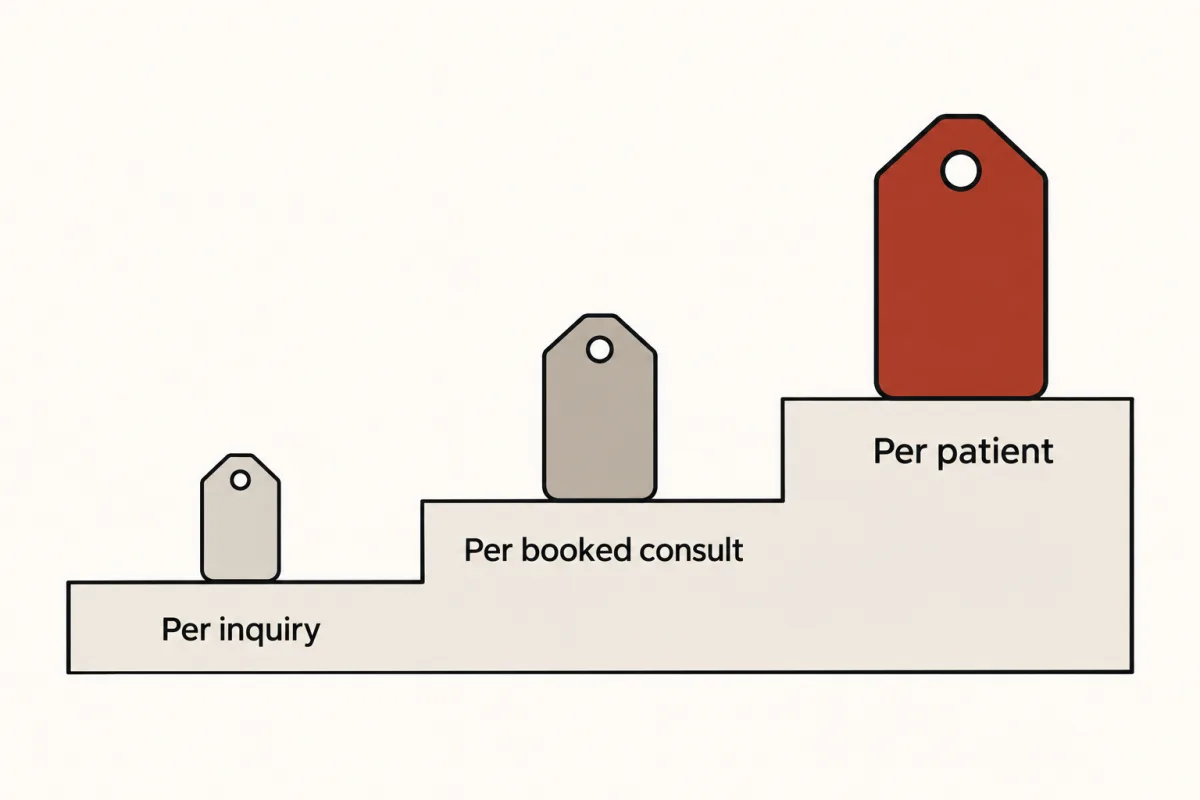 Three rising steps with growing price tags for cost per inquiry, per booked consult and per patient.