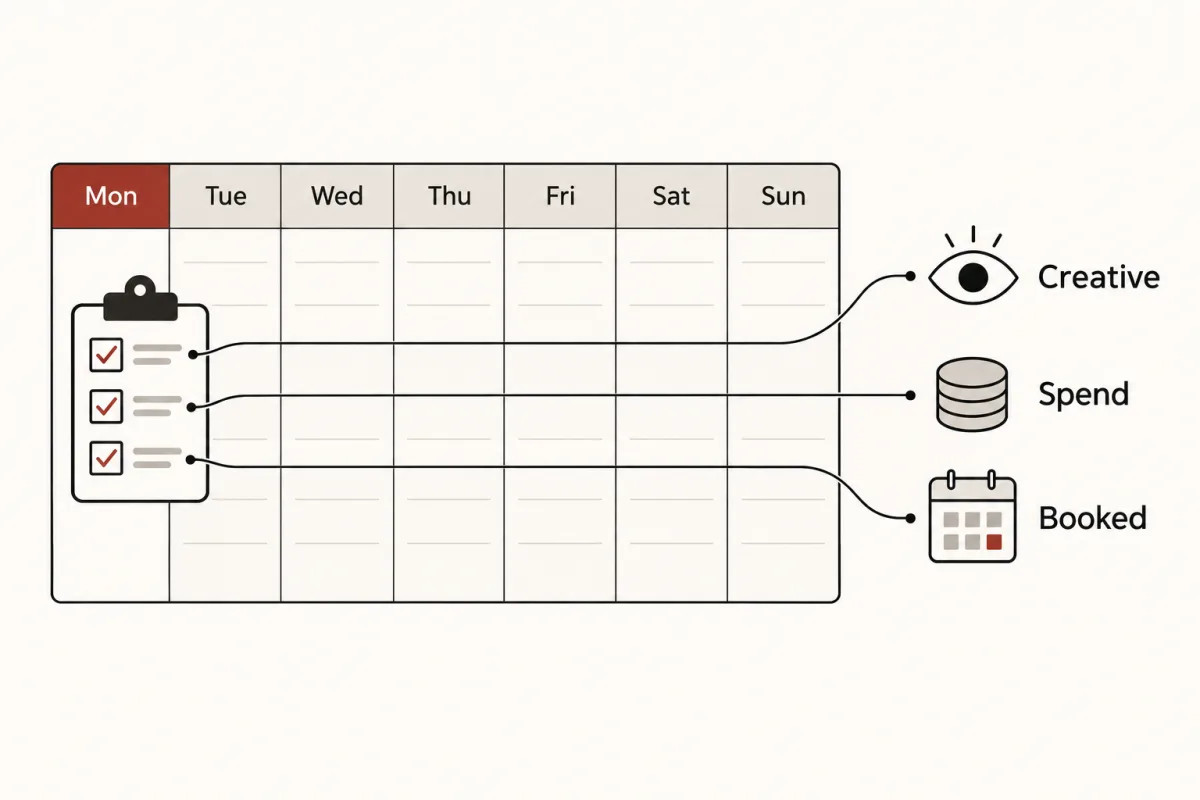 A weekly planner with a Monday review that checks creative, spend and booked consults.