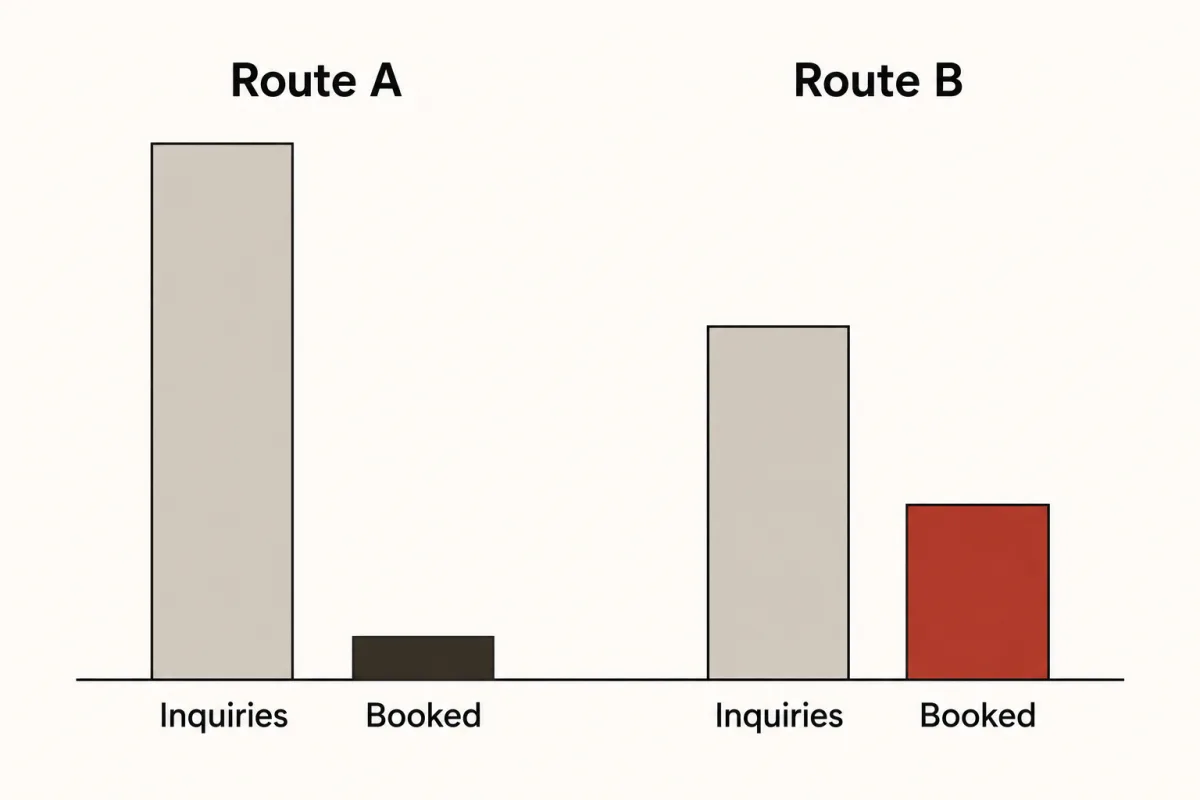 Two routes compared: route A gets more inquiries but fewer bookings, route B gets fewer inquiries but more bookings.