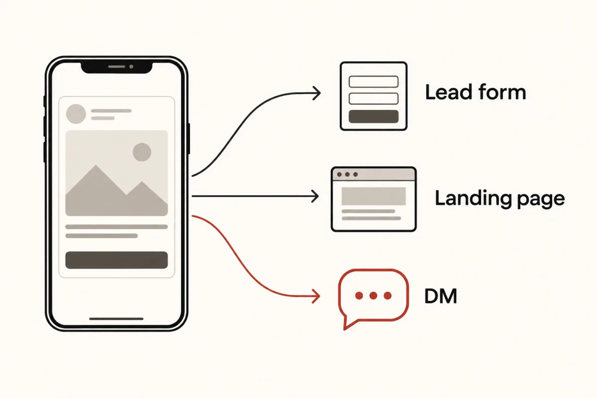One Instagram ad with three possible destinations: a lead form, a landing page or a DM.