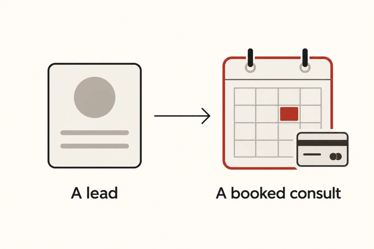 A contact card labelled A lead next to a calendar with a booked slot and card icon labelled A booked consult.