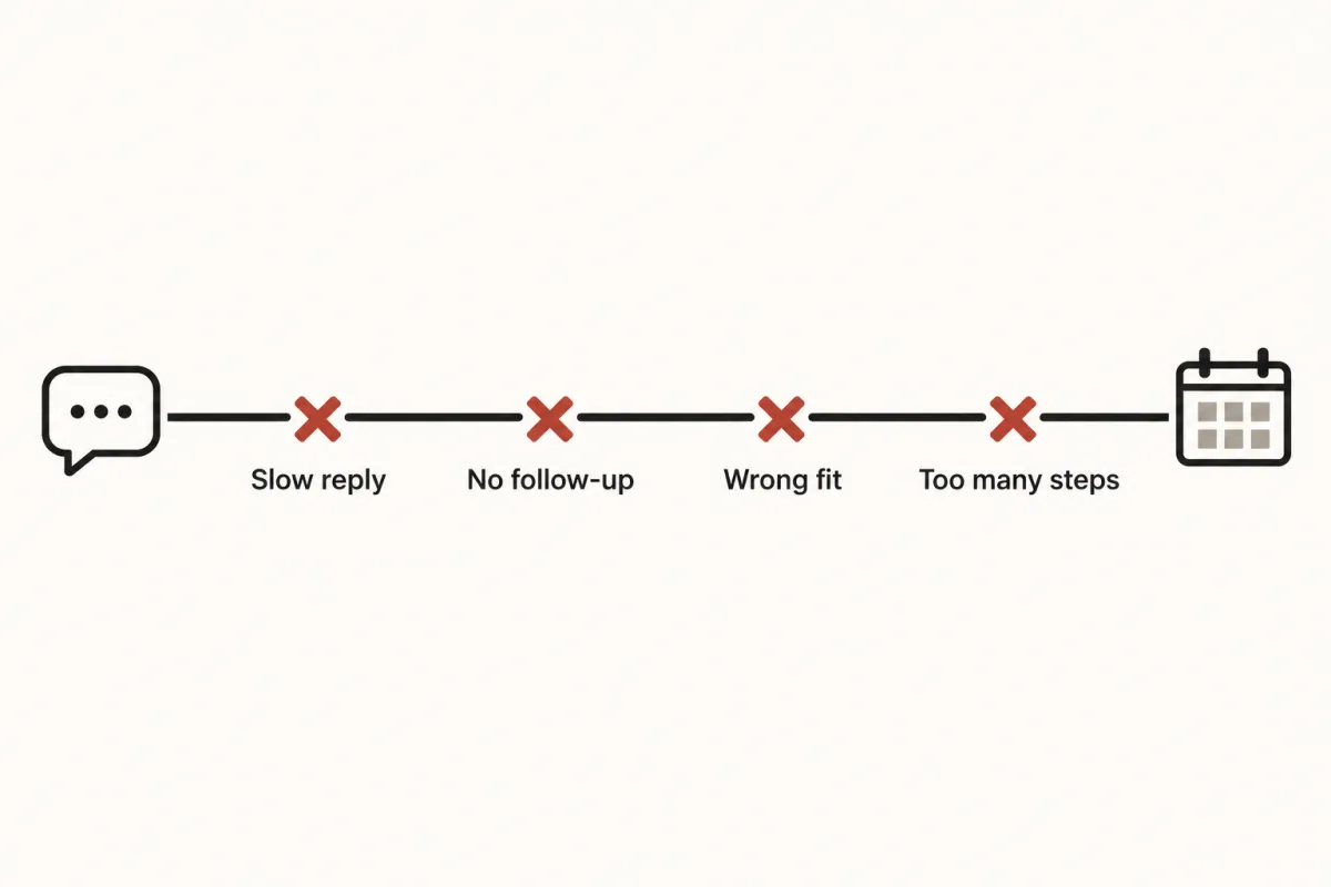 A path from an inquiry to the calendar with four breaks labelled slow reply, no follow-up, wrong fit and too many steps.