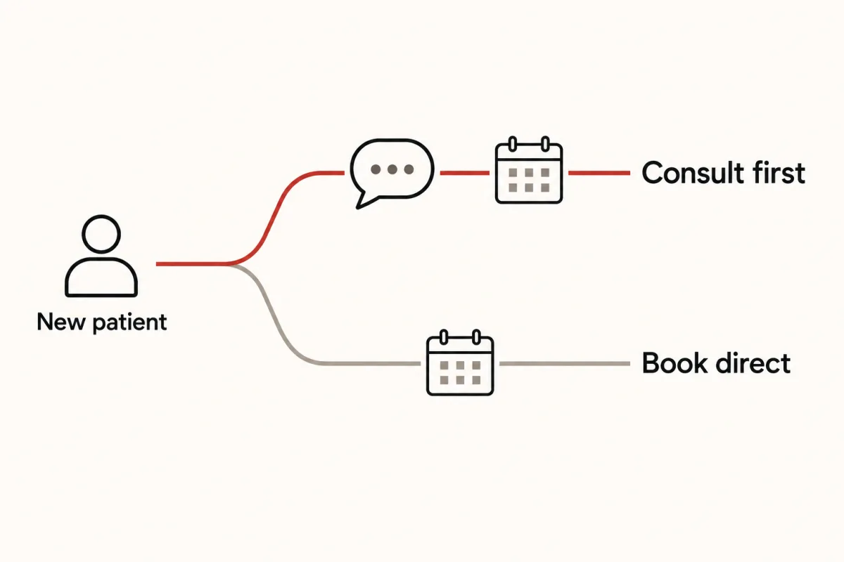 A new patient path that splits into consult first or book direct.