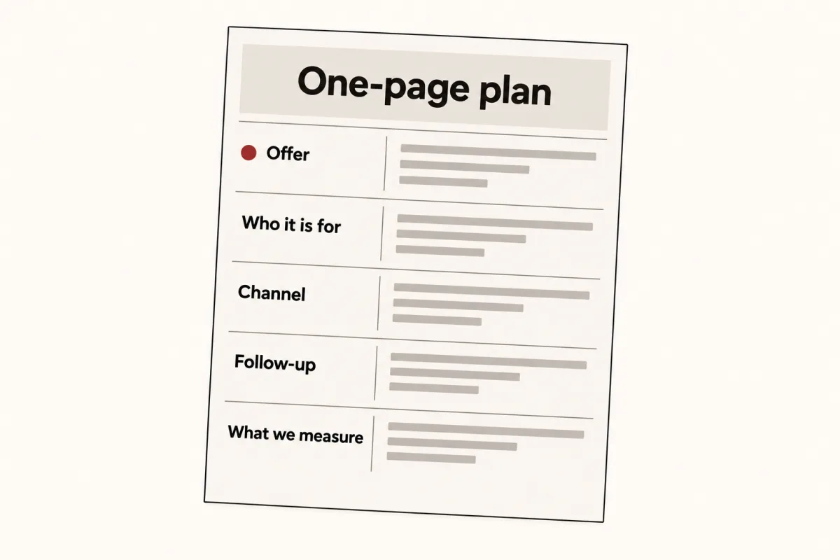 A one-page plan sheet with five rows: Offer, Who it is for, Channel, Follow-up and What we measure.