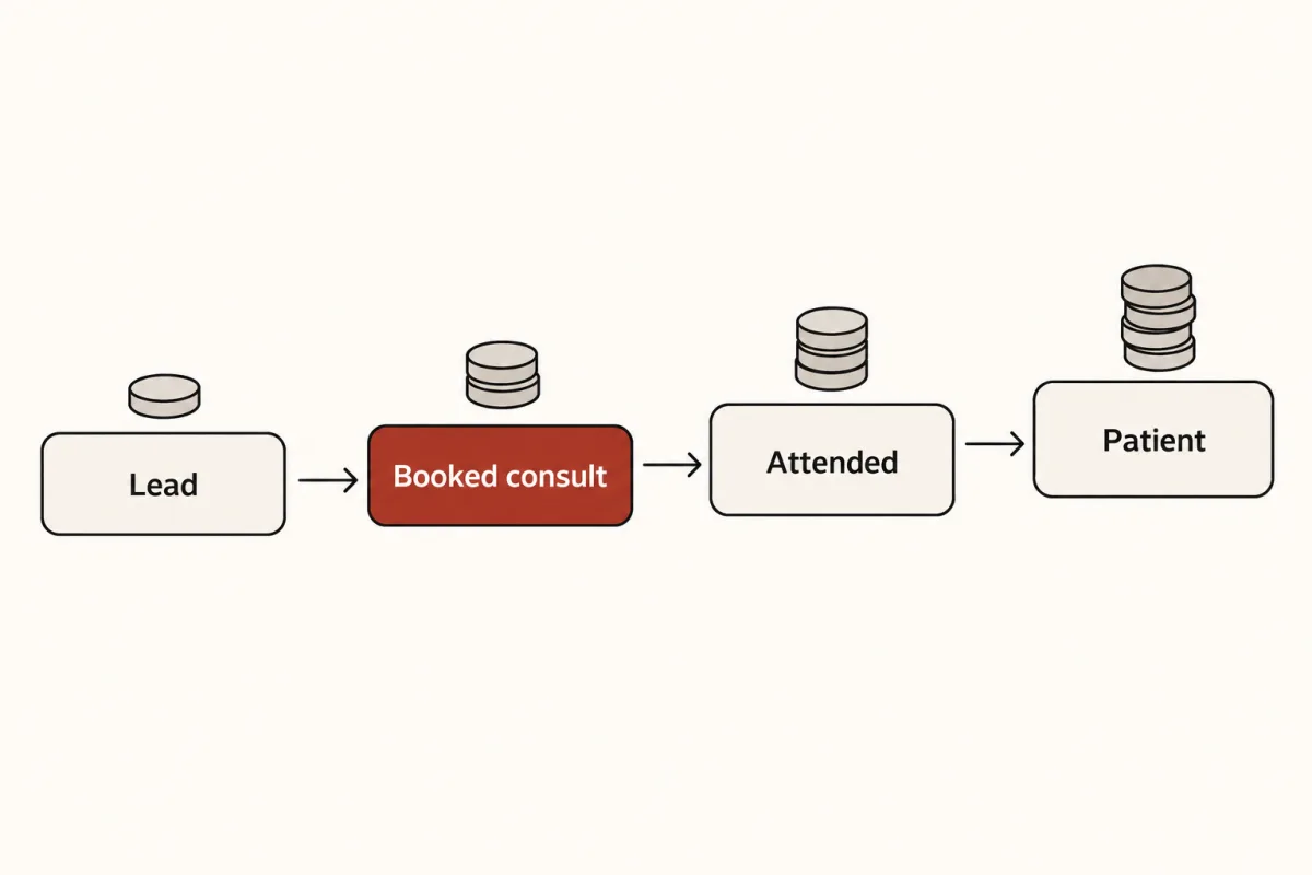 Four steps from lead to booked consult to attended to patient, with the booked consult step highlighted.