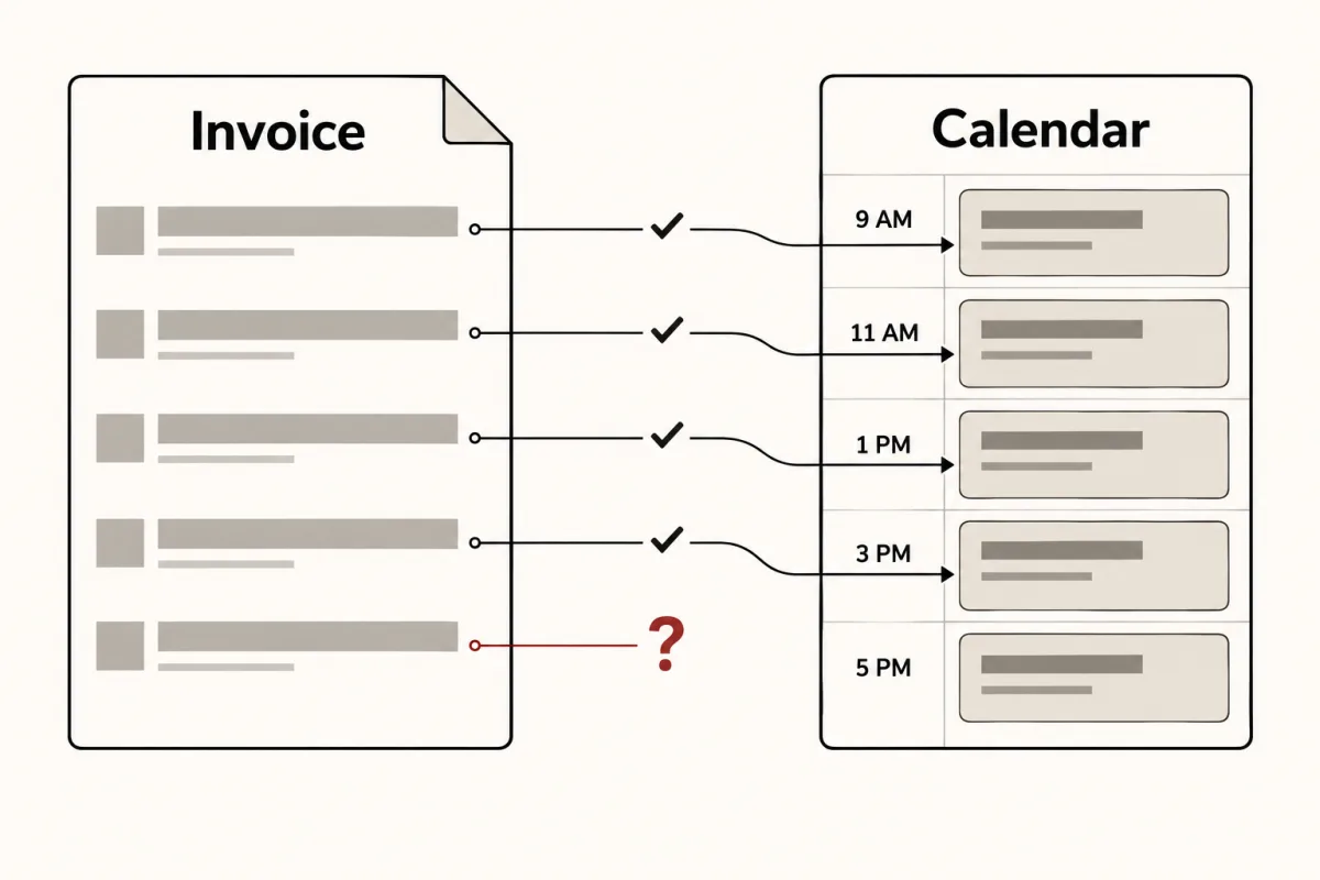 Invoice lines matched one by one to calendar appointments, with one line that has no match flagged.
