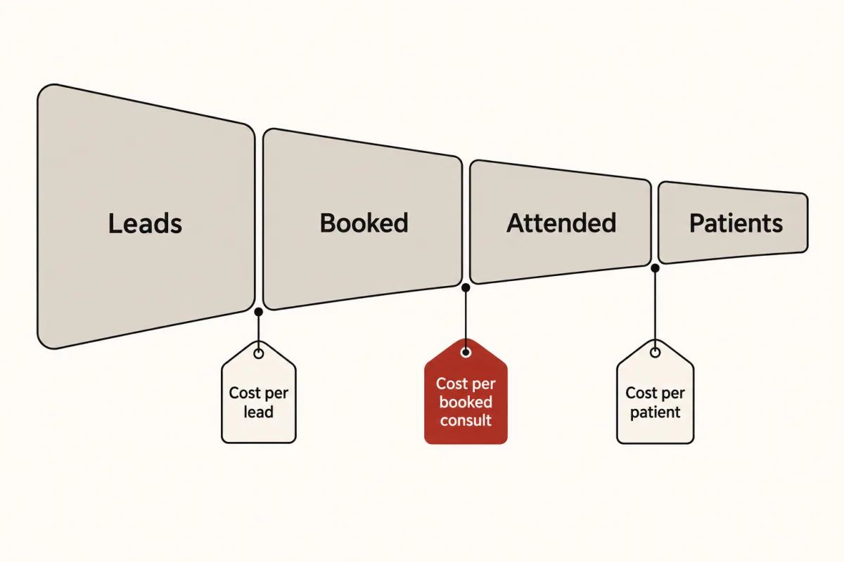 A funnel from leads to booked to attended to patients, with tags for cost per lead, cost per booked consult and cost per patient.