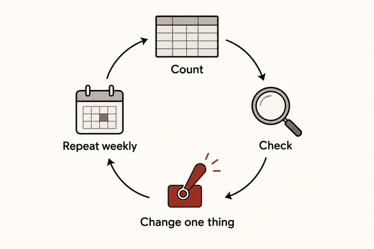 A weekly cycle: count, check, change one thing, repeat.