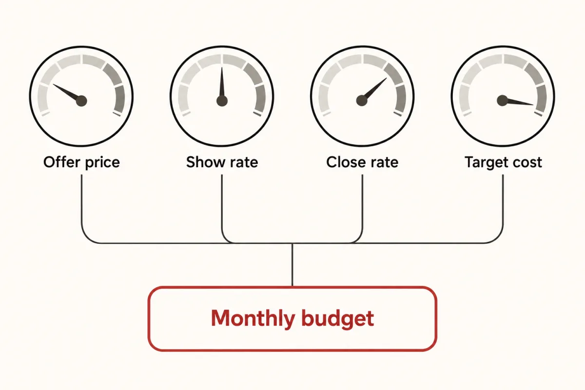 Four dials for offer price, show rate, close rate and target cost, all feeding one monthly budget box.