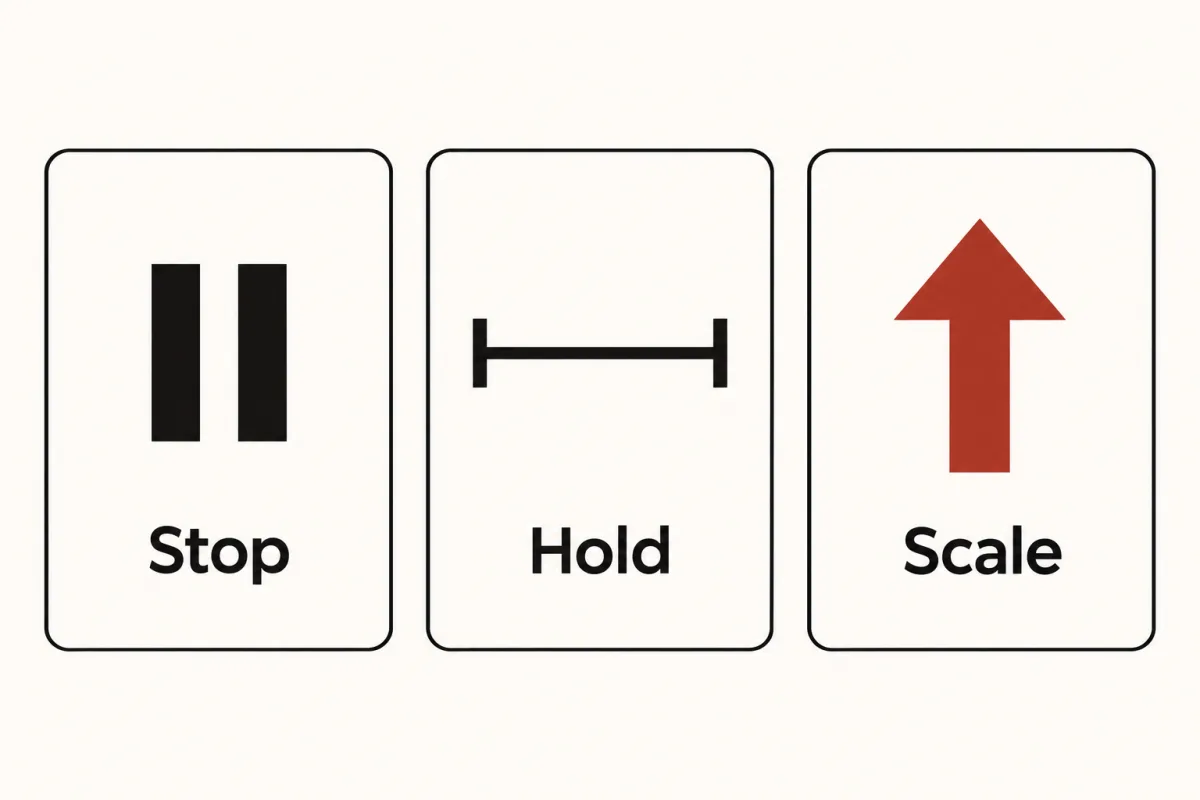 Three cards showing a pause symbol for stop, a flat line for hold and an upward arrow for scale.