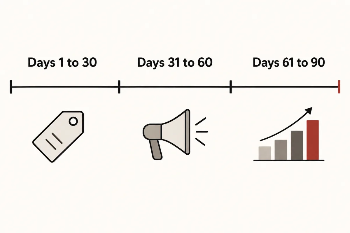 A 90-day timeline in three parts: set the offer, launch one channel, then measure and scale.