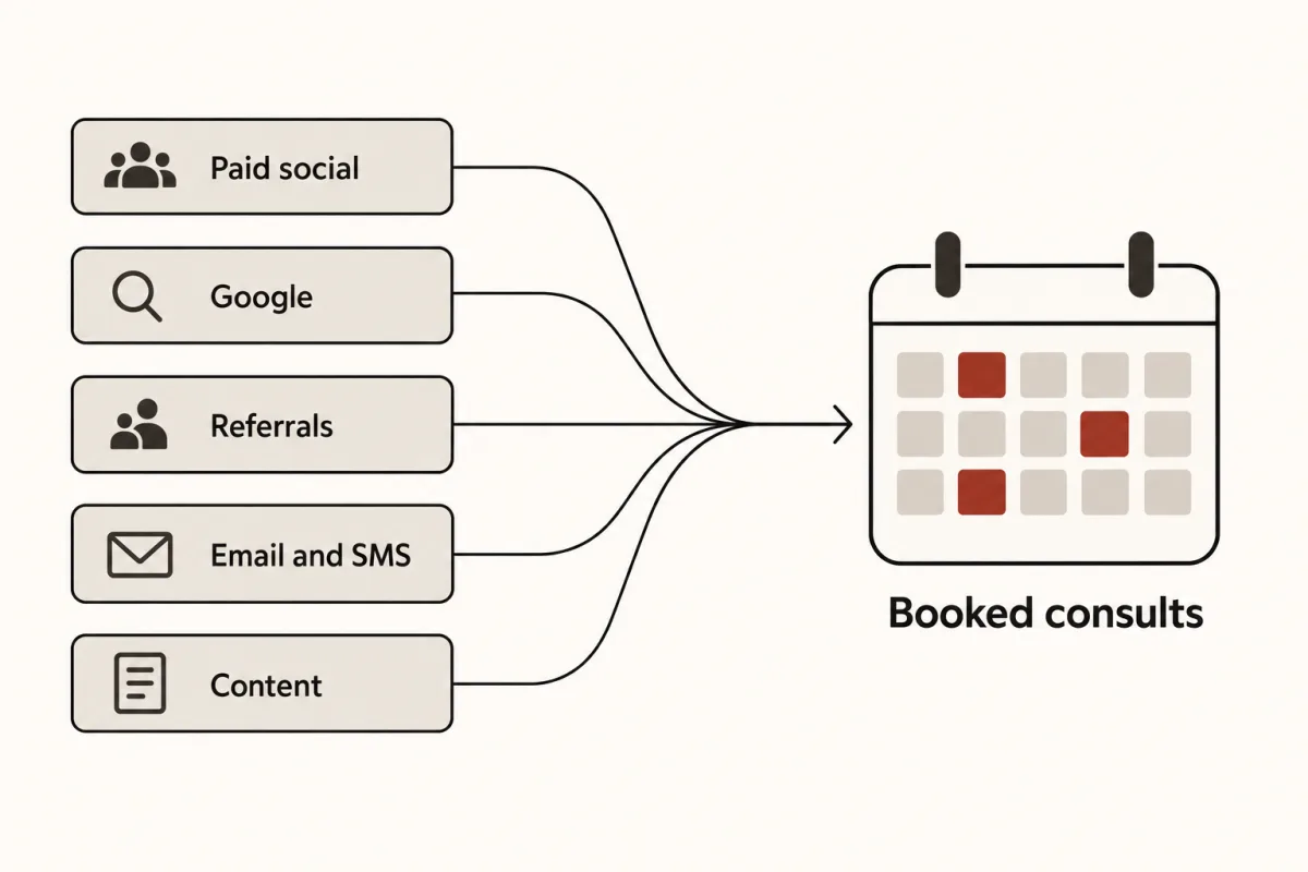 Five marketing channels, paid social, Google, referrals, email and SMS, and content, all feeding into one calendar of booked consults.