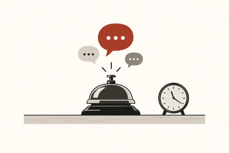 Illustration: a classic reception desk bell drawn in ink on a simple countertop line
