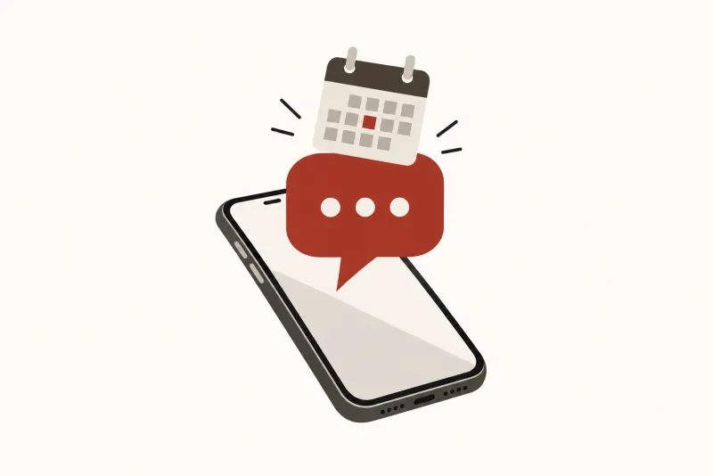Illustration: a smartphone outline at a slight tilt with a large oxblood red chat bubble rising out of its screen