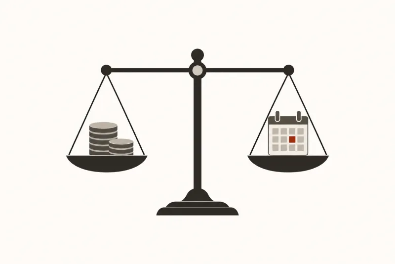 Illustration: a simple balance scale in ink, on one pan a small stack of coins