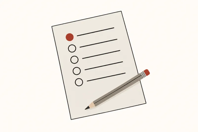Illustration: one sheet of paper lying flat at a slight angle with a bold ink checklist of five rows
