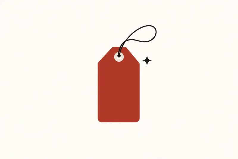 Illustration: one large price tag in oxblood red standing alone in the centre of the canvas with plenty of empty