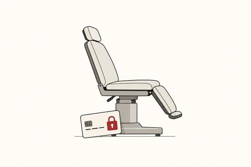 Illustration: an empty clinic chair seen from the side in ink line work